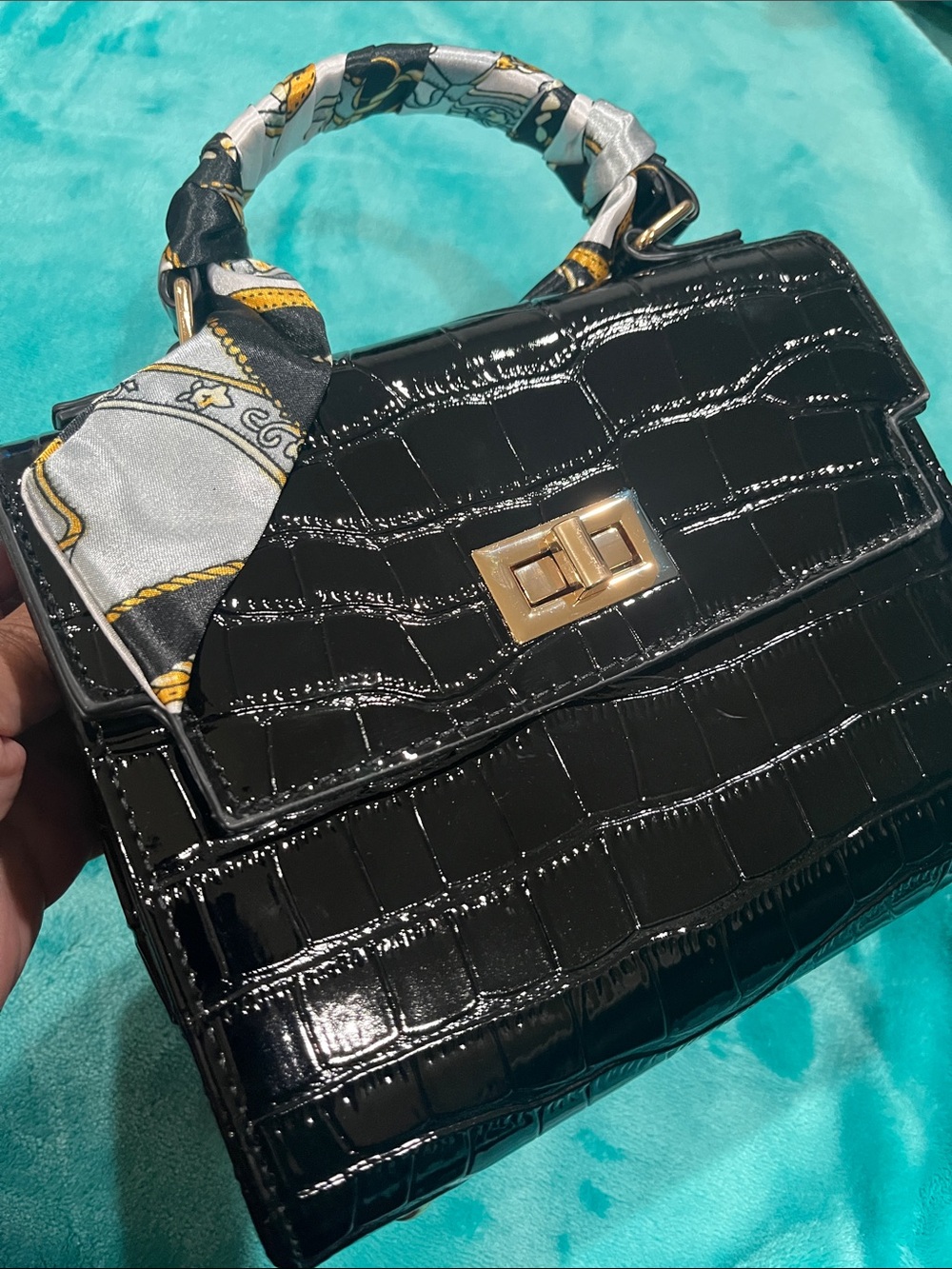 Black Croc-Embossed Top Handle Bag with Scarf Accent Vegan Leather